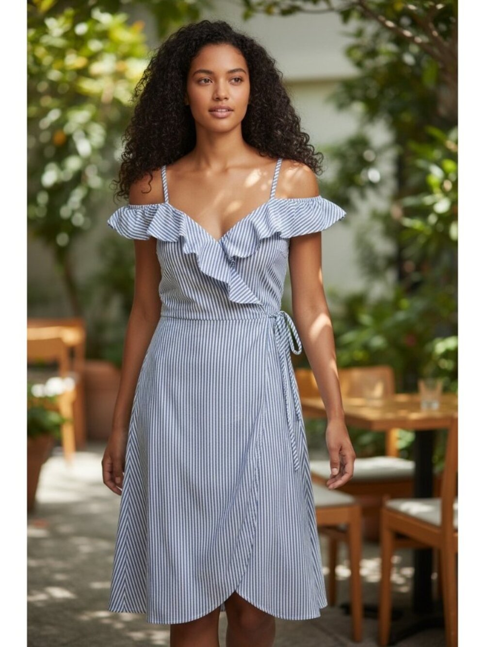 BP  Womens Size Small Blue Striped Ruffled Off Shoulder Sundress Dainty